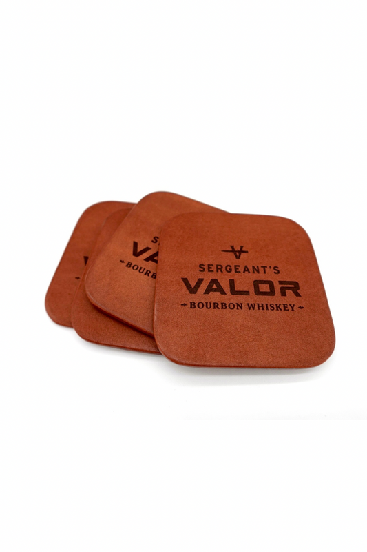Sergeant's Valor Bourbon Whiskey Leather Coasters