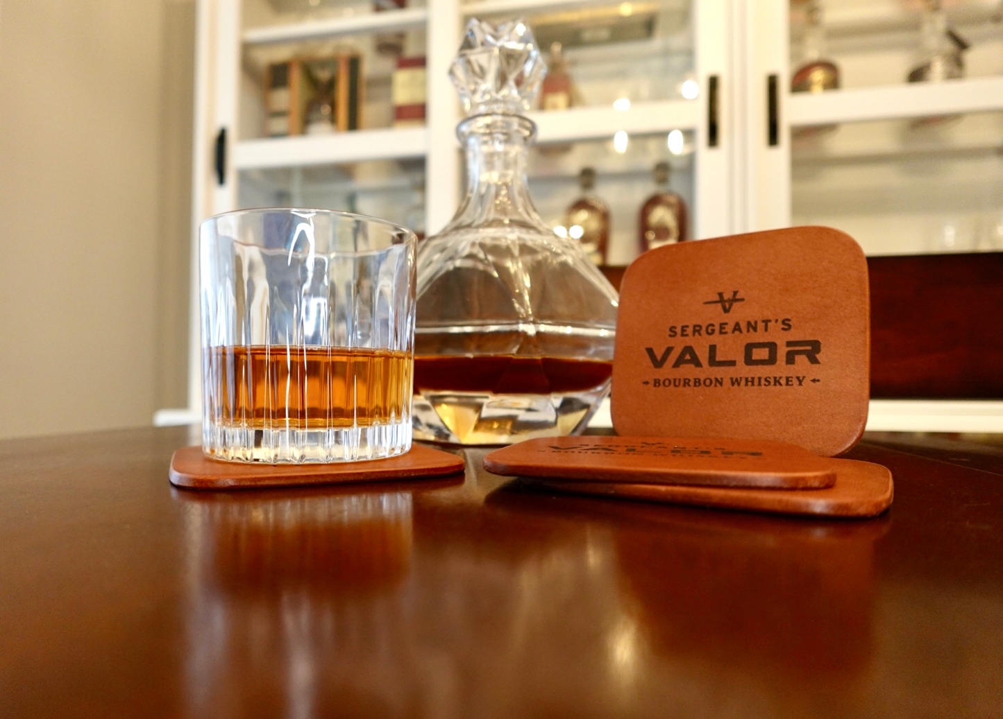 Sergeant's Valor Bourbon Whiskey Leather Coasters